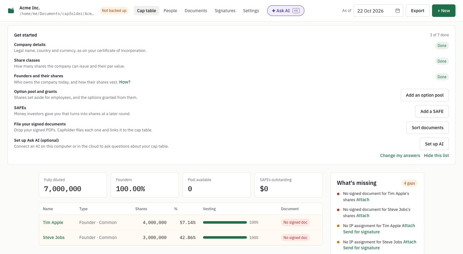 Capfolder's Get started list on the cap table: 3 of 7 done. Company details, share classes, and founders and their shares are marked Done; option pool, SAFEs, signed documents and Ask AI each have a button.