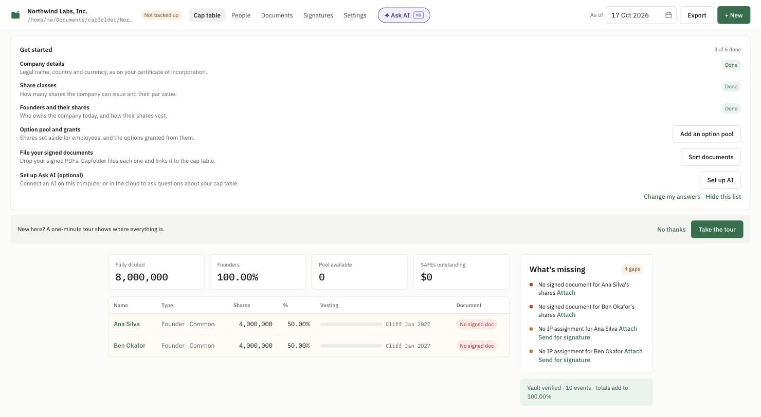 The cap table screen: a Get started list with Company details, Share classes and Founders marked done, and below it two founders with 50% each.
