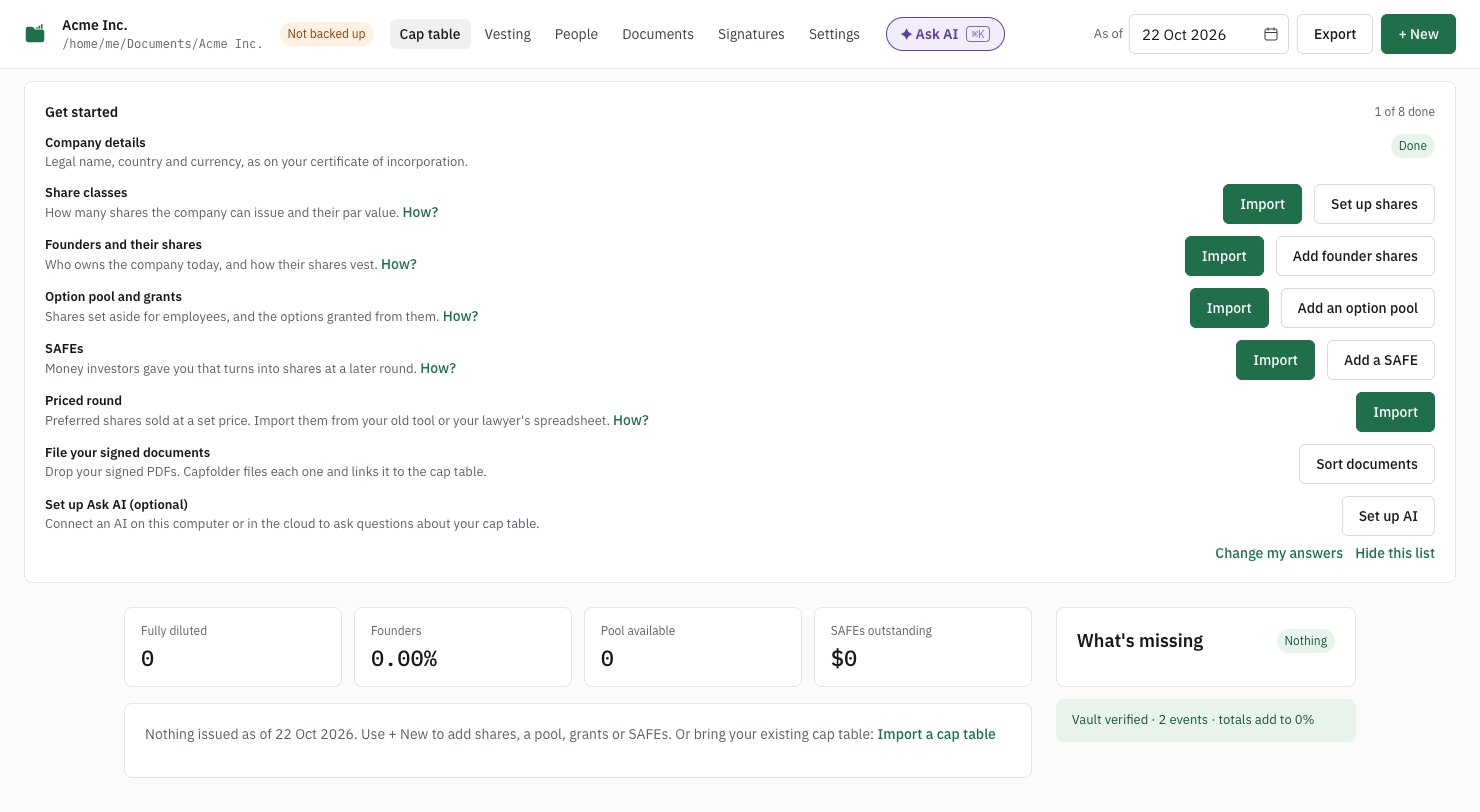 An empty company folder for Acme Inc.: the Get started list with an Import button on each step, and under the empty cap table the link Import a cap table.