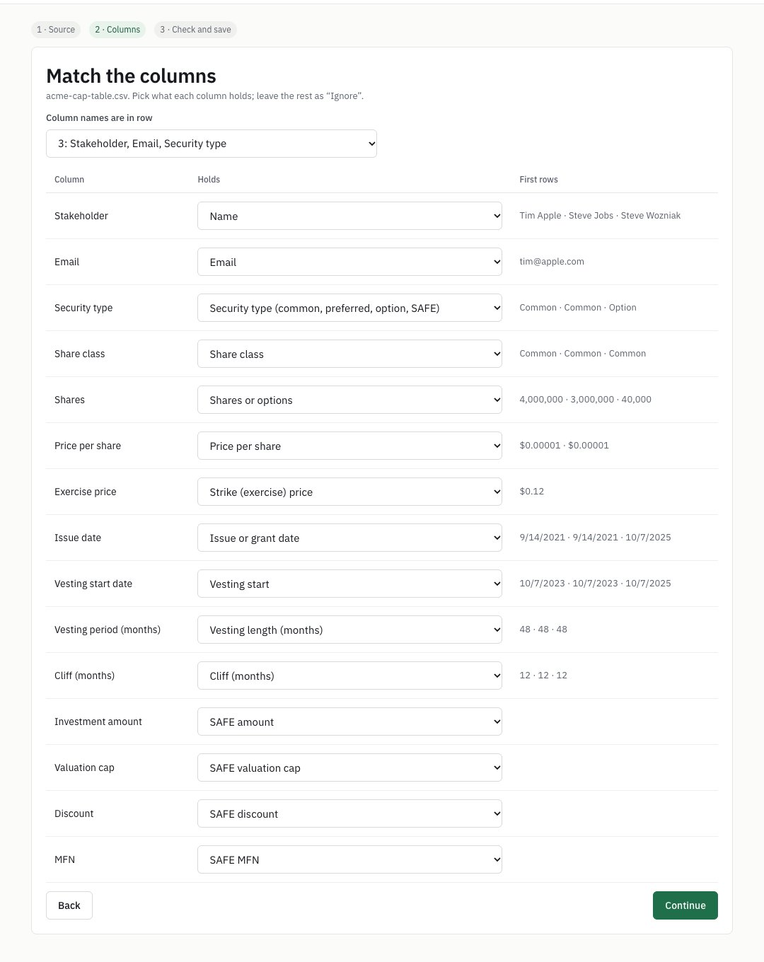 Match the columns for acme-cap-table.csv: each column of the file, such as Stakeholder, Shares and Vesting start date, with what it holds in Capfolder and its first values, for example Tim Apple, Steve Jobs, Steve Wozniak.