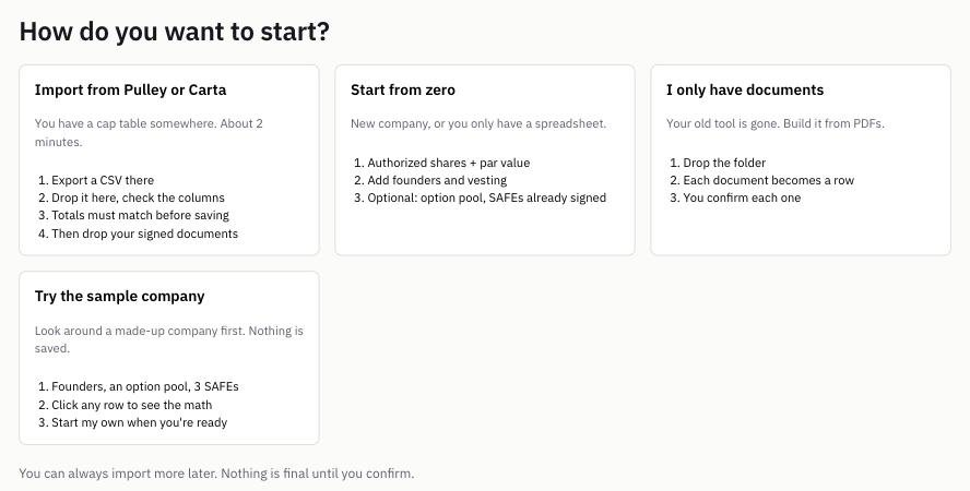 The 'How do you want to start?' screen with four cards: Import from Pulley or Carta, Start from zero, I only have documents, and Try the sample company.